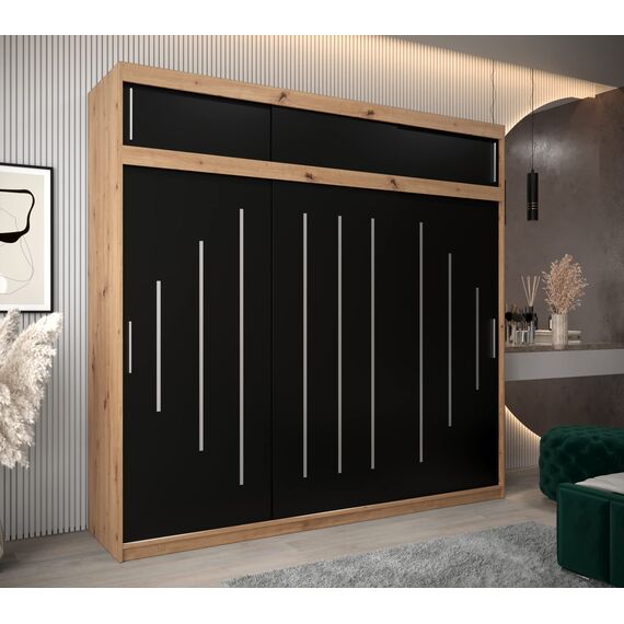 Kryspol Schwebetürenschrank York 250 cm Kleiderschrank mit Kleiderstange und Einlegeboden Schlafzimmer- Wohnzimmerschrank Schiebetüren Modern Design (Artisan Eiche + Schwarz mit Erweiterung)