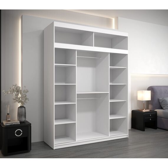 Kryspol Schwebetürenschrank York 180 cm Kleiderschrank mit Kleiderstange und Einlegeboden Schlafzimmer- Wohnzimmerschrank Schiebetüren Modern Design (Weiß + Schwarz mit Erweiterung)