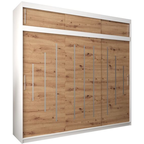 Kryspol Schwebetürenschrank York 250 cm Kleiderschrank mit Kleiderstange und Einlegeboden Schlafzimmer- Wohnzimmerschrank Schiebetüren Modern Design (Weiß + Artisan Eiche mit Erweiterung)