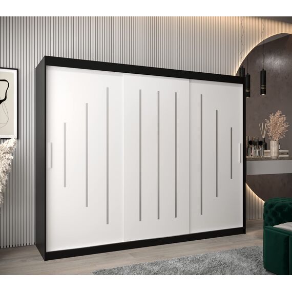 MEBLE KRYSPOL - Kleiderschrank, Schlafzimmerschrank - Schrank DREI Türen - 4 Fächer rechts, Links, 2 Stangen, Fach - Garderobenschrank York, Körperfarbe Schwarz, Frontfarbe Weiß - 250x62x200cm