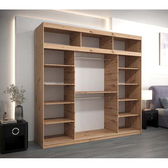 Kryspol Schwebetürenschrank York 250 cm Kleiderschrank mit Kleiderstange und Einlegeboden Schlafzimmer- Wohnzimmerschrank Schiebetüren Modern Design (Artisan Eiche + Schwarz mit Erweiterung)