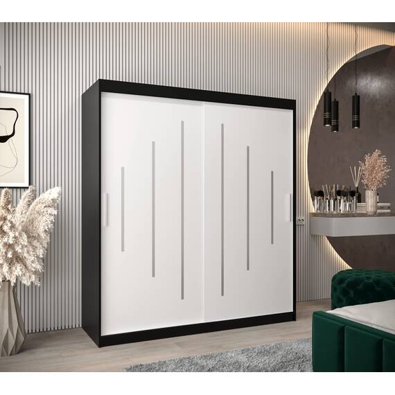 MEBLE KRYSPOL - Kleiderschrank, Schlafzimmerschrank - Schrank Zwei Türen - 4 Fächer rechts, Links, 2 Stangen, Fach - Garderobenschrank York, Körperfarbe Schwarz, Frontfarbe Weiß - 180x62x200cm