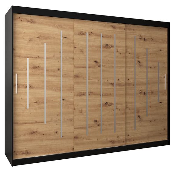 MEBLE KRYSPOL - Kleiderschrank, Schlafzimmerschrank - Schrank DREI Türen - 4 Fächer rechts, Links, 2 Stangen, Fach - Garderobenschrank York, Körperfarbe Schwarz, Frontfarbe Artisan - 250x62x200cm