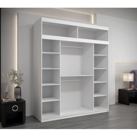 Kryspol Schwebetürenschrank York 200 cm Kleiderschrank mit Kleiderstange und Einlegeboden Schlafzimmer- Wohnzimmerschrank Schiebetüren Modern Design (Weiß + Schwarz mit Erweiterung)