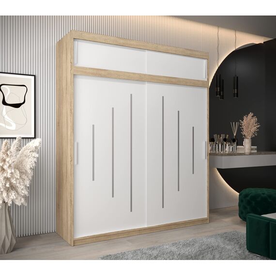 Kryspol Schwebetürenschrank York 200 cm Kleiderschrank mit Kleiderstange und Einlegeboden Schlafzimmer- Wohnzimmerschrank Schiebetüren Modern Design (Sonoma + Weiß mit Erweiterung)