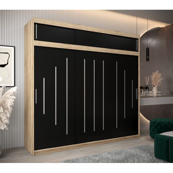 Kryspol Schwebetürenschrank York 250 cm Kleiderschrank mit Kleiderstange und Einlegeboden Schlafzimmer- Wohnzimmerschrank Schiebetüren Modern Design (Sonoma + Schwarz mit Erweiterung)