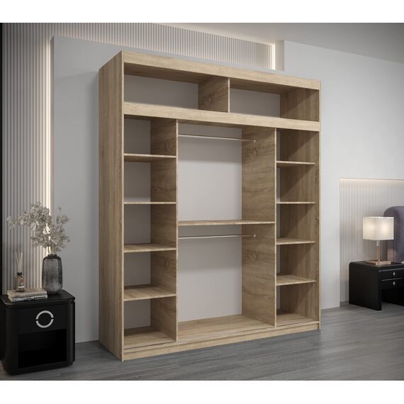 Kryspol Schwebetürenschrank York 200 cm Kleiderschrank mit Kleiderstange und Einlegeboden Schlafzimmer- Wohnzimmerschrank Schiebetüren Modern Design (Sonoma + Schwarz mit Erweiterung)