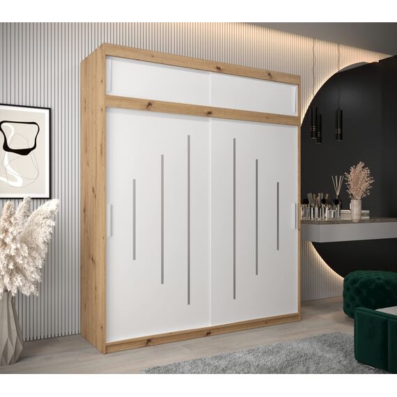 Kryspol Schwebetürenschrank York 200 cm Kleiderschrank mit Kleiderstange und Einlegeboden Schlafzimmer- Wohnzimmerschrank Schiebetüren Modern Design (Artisan Eiche + Weiß mit Erweiterung)