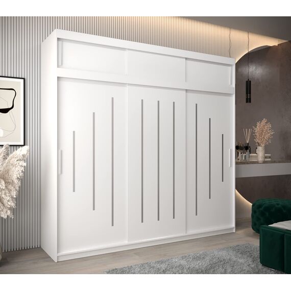 Kryspol Schwebetürenschrank York 250 cm Kleiderschrank mit Kleiderstange und Einlegeboden Schlafzimmer- Wohnzimmerschrank Schiebetüren Modern Design (Weiß mit Erweiterung)