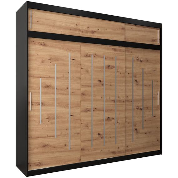 Kryspol Schwebetürenschrank York 250 cm Kleiderschrank mit Kleiderstange und Einlegeboden Schlafzimmer- Wohnzimmerschrank Schiebetüren Modern Design (Schwarz + Artisan Eiche mit Erweiterung)