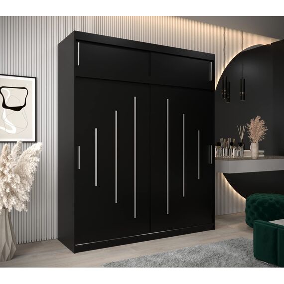 Kryspol Schwebetürenschrank York 200 cm Kleiderschrank mit Kleiderstange und Einlegeboden Schlafzimmer- Wohnzimmerschrank Schiebetüren Modern Design (Schwarz mit Erweiterung)