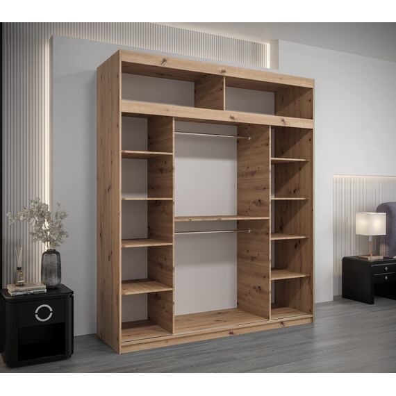 Kryspol Schwebetürenschrank York 200 cm Kleiderschrank mit Kleiderstange und Einlegeboden Schlafzimmer- Wohnzimmerschrank Schiebetüren Modern Design (Artisan Eiche + Schwarz mit Erweiterung)