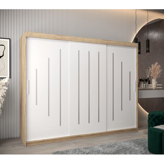 MEBLE KRYSPOL - Kleiderschrank, Schlafzimmerschrank - Schrank DREI Türen - 4 Fächer rechts, Links, 2 Stangen, Fach - Garderobenschrank York, Körperfarbe Sonoma, Frontfarbe Weiß - 250x62x200cm