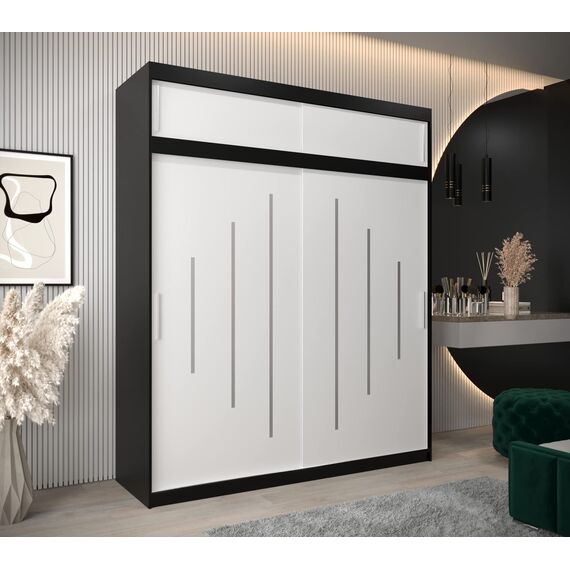 Kryspol Schwebetürenschrank York 200 cm Kleiderschrank mit Kleiderstange und Einlegeboden Schlafzimmer- Wohnzimmerschrank Schiebetüren Modern Design (Schwarz + Weiß mit Erweiterung)