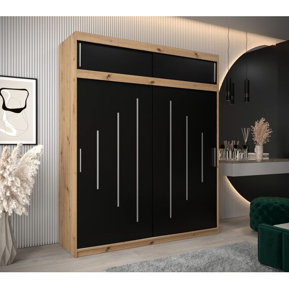 Kryspol Schwebetürenschrank York 200 cm Kleiderschrank mit Kleiderstange und Einlegeboden Schlafzimmer- Wohnzimmerschrank Schiebetüren Modern Design (Artisan Eiche + Schwarz mit Erweiterung)