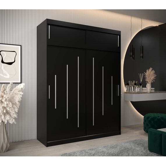 Kryspol Schwebetürenschrank York 180 cm Kleiderschrank mit Kleiderstange und Einlegeboden Schlafzimmer- Wohnzimmerschrank Schiebetüren Modern Design (Schwarz mit Erweiterung)