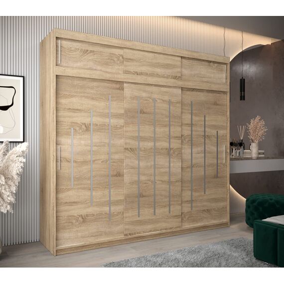 Kryspol Schwebetürenschrank York 250 cm Kleiderschrank mit Kleiderstange und Einlegeboden Schlafzimmer- Wohnzimmerschrank Schiebetüren Modern Design (Sonoma mit Erweiterung)