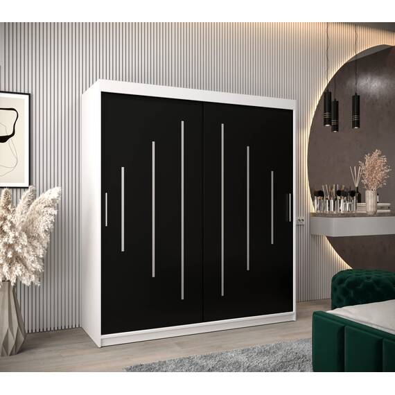 MEBLE KRYSPOL - Kleiderschrank, Schlafzimmerschrank - Schrank Zwei Türen - 4 Fächer rechts, Links, 2 Stangen, Fach - Garderobenschrank York, Körperfarbe Weiß, Frontfarbe Schwarz - 180x62x200cm