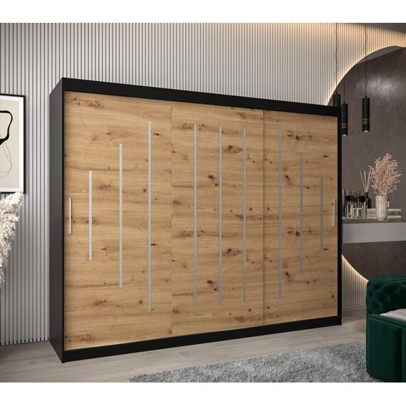 MEBLE KRYSPOL - Kleiderschrank, Schlafzimmerschrank - Schrank DREI Türen - 4 Fächer rechts, Links, 2 Stangen, Fach - Garderobenschrank York, Körperfarbe Schwarz, Frontfarbe Artisan - 250x62x200cm