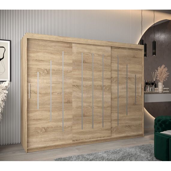 MEBLE KRYSPOL - Kleiderschrank, Schlafzimmerschrank - Schrank DREI Türen - 4 Fächer rechts, Links, 2 Stangen, Fach - Garderobenschrank York, Körperfarbe Sonoma, Frontfarbe Sonoma - 250x62x200cm
