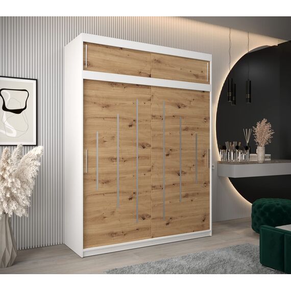 Kryspol Schwebetürenschrank York 180 cm Kleiderschrank mit Kleiderstange und Einlegeboden Schlafzimmer- Wohnzimmerschrank Schiebetüren Modern Design (Weiß + Artisan Eiche mit Erweiterung)