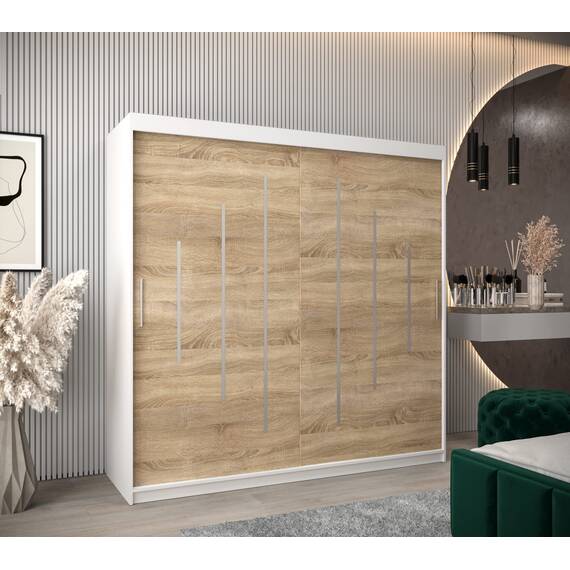 MEBLE KRYSPOL - Kleiderschrank, Schlafzimmerschrank - Schrank Zwei Türen - 4 Fächer rechts, Links, 2 Stangen, Fach - Garderobenschrank York, Körperfarbe Weiß, Frontfarbe Sonoma - 200x62x200cm