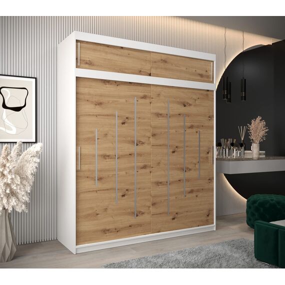 Kryspol Schwebetürenschrank York 200 cm Kleiderschrank mit Kleiderstange und Einlegeboden Schlafzimmer- Wohnzimmerschrank Schiebetüren Modern Design (Weiß + Artisan Eiche mit Erweiterung)