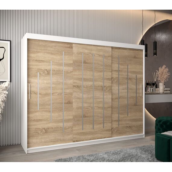 MEBLE KRYSPOL - Kleiderschrank, Schlafzimmerschrank - Schrank DREI Türen - 4 Fächer rechts, Links, 2 Stangen, Fach - Garderobenschrank York, Körperfarbe Weiß, Frontfarbe Sonoma - 250x62x200cm