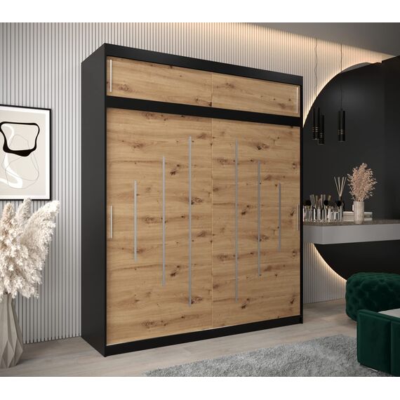 Kryspol Schwebetürenschrank York 200 cm Kleiderschrank mit Kleiderstange und Einlegeboden Schlafzimmer- Wohnzimmerschrank Schiebetüren Modern Design (Schwarz + Artisan Eiche mit Erweiterung)
