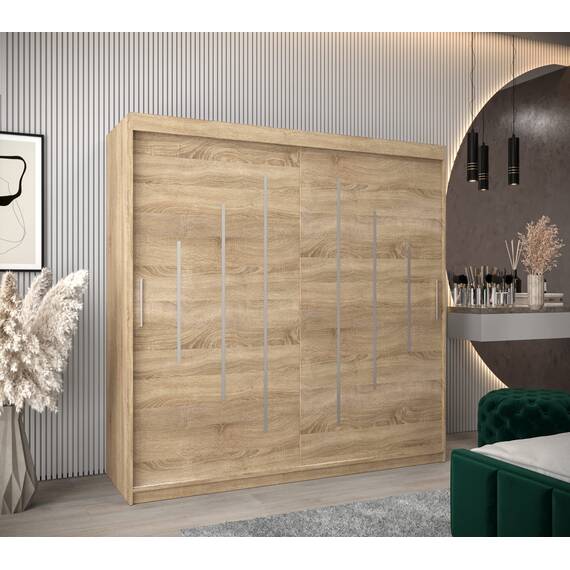 MEBLE KRYSPOL - Kleiderschrank, Schlafzimmerschrank - Schrank Zwei Türen - 4 Fächer rechts, Links, 2 Stangen, Fach - Garderobenschrank York, Körperfarbe Sonoma, Frontfarbe Sonoma - 200x62x200cm