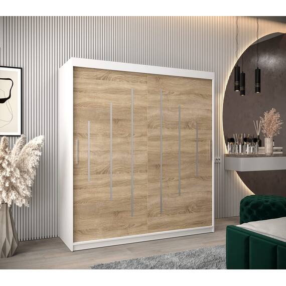 MEBLE KRYSPOL - Kleiderschrank, Schlafzimmerschrank - Schrank Zwei Türen - 4 Fächer rechts, Links, 2 Stangen, Fach - Garderobenschrank York, Körperfarbe Weiß, Frontfarbe Sonoma - 180x62x200cm