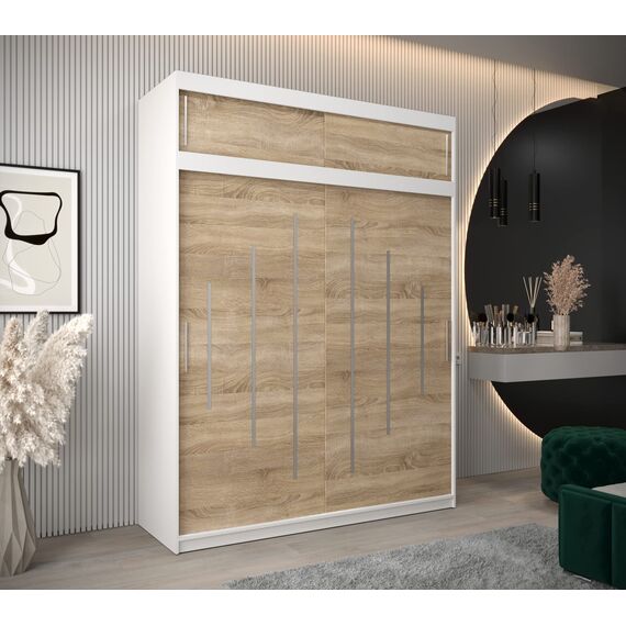 Kryspol Schwebetürenschrank York 180 cm Kleiderschrank mit Kleiderstange und Einlegeboden Schlafzimmer- Wohnzimmerschrank Schiebetüren Modern Design (Weiß + Sonoma mit Erweiterung)