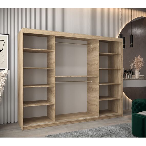 MEBLE KRYSPOL - Kleiderschrank, Schlafzimmerschrank - Schrank DREI Türen - 4 Fächer rechts, Links, 2 Stangen, Fach - Garderobenschrank York, Körperfarbe Sonoma, Frontfarbe Weiß - 250x62x200cm