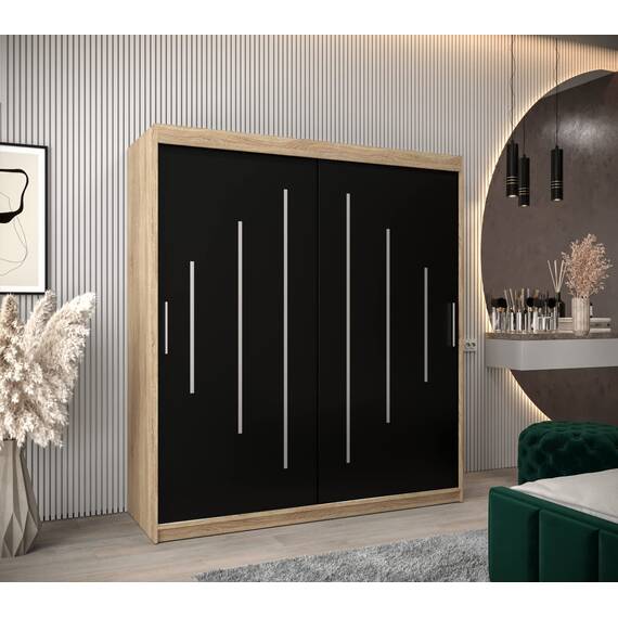 MEBLE KRYSPOL - Kleiderschrank, Schlafzimmerschrank - Schrank Zwei Türen - 4 Fächer rechts, Links, 2 Stangen, Fach - Garderobenschrank York, Körperfarbe Sonoma, Frontfarbe Schwarz - 180x62x200cm