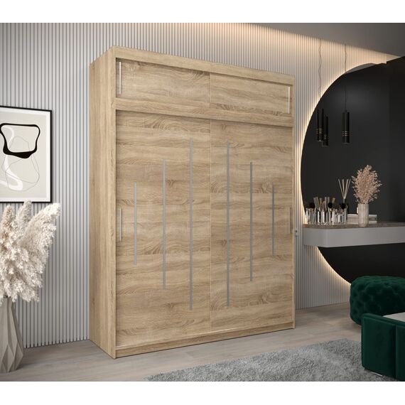 Kryspol Schwebetürenschrank York 180 cm Kleiderschrank mit Kleiderstange und Einlegeboden Schlafzimmer- Wohnzimmerschrank Schiebetüren Modern Design (Sonoma mit Erweiterung)