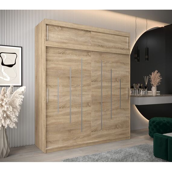 Kryspol Schwebetürenschrank York 200 cm Kleiderschrank mit Kleiderstange und Einlegeboden Schlafzimmer- Wohnzimmerschrank Schiebetüren Modern Design (Sonoma mit Erweiterung)