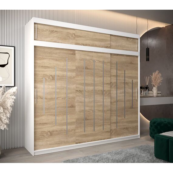 Kryspol Schwebetürenschrank York 250 cm Kleiderschrank mit Kleiderstange und Einlegeboden Schlafzimmer- Wohnzimmerschrank Schiebetüren Modern Design (Weiß + Sonoma mit Erweiterung)