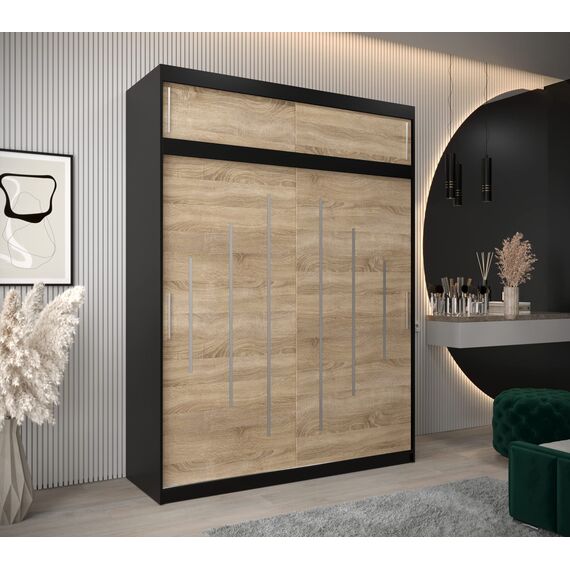 Kryspol Schwebetürenschrank York 180 cm Kleiderschrank mit Kleiderstange und Einlegeboden Schlafzimmer- Wohnzimmerschrank Schiebetüren Modern Design (Schwarz + Sonoma mit Erweiterung)