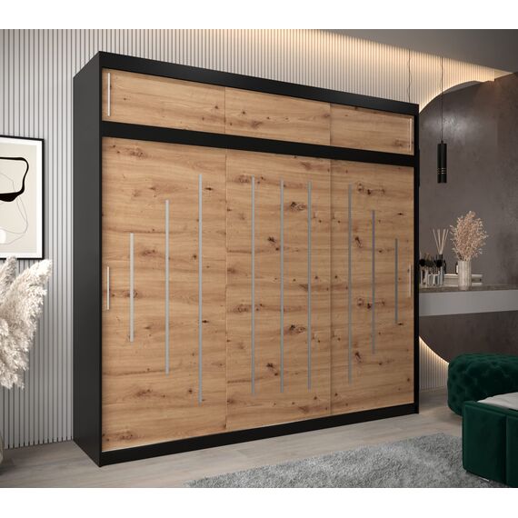 Kryspol Schwebetürenschrank York 250 cm Kleiderschrank mit Kleiderstange und Einlegeboden Schlafzimmer- Wohnzimmerschrank Schiebetüren Modern Design (Schwarz + Artisan Eiche mit Erweiterung)