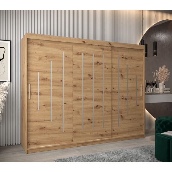 MEBLE KRYSPOL - Kleiderschrank, Schlafzimmerschrank - Schrank DREI Türen - 4 Fächer rechts, Links, 2 Stangen, Fach - Garderobenschrank York, Körperfarbe Artisan, Frontfarbe Artisan - 250x62x200cm