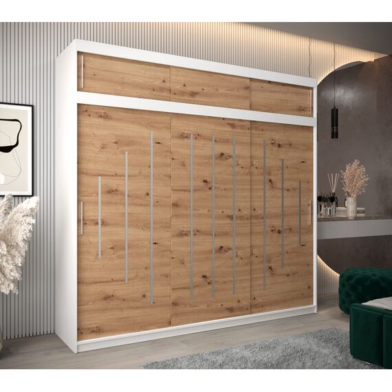 Kryspol Schwebetürenschrank York 250 cm Kleiderschrank mit Kleiderstange und Einlegeboden Schlafzimmer- Wohnzimmerschrank Schiebetüren Modern Design (Weiß + Artisan Eiche mit Erweiterung)
