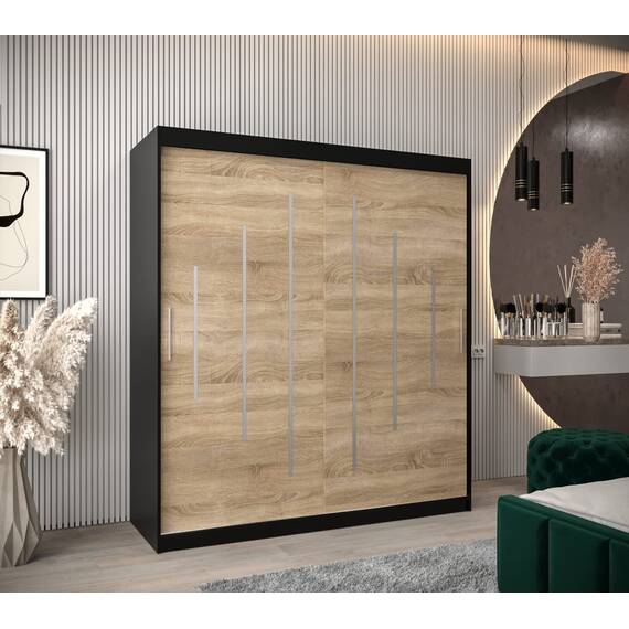 MEBLE KRYSPOL - Kleiderschrank, Schlafzimmerschrank - Schrank Zwei Türen - 4 Fächer rechts, Links, 2 Stangen, Fach - Garderobenschrank York, Körperfarbe Schwarz, Frontfarbe Sonoma - 180x62x200cm