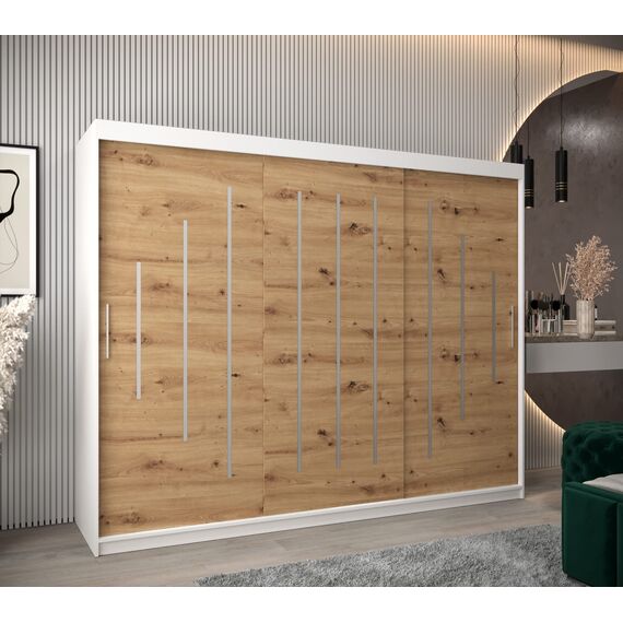 MEBLE KRYSPOL - Kleiderschrank, Schlafzimmerschrank - Schrank DREI Türen - 4 Fächer rechts, Links, 2 Stangen, Fach - Garderobenschrank York, Körperfarbe Weiß, Frontfarbe Artisan - 250x62x200cm