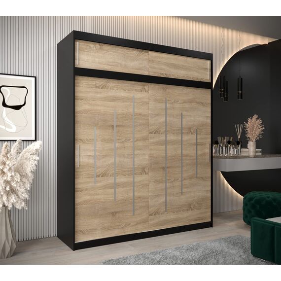 Kryspol Schwebetürenschrank York 200 cm Kleiderschrank mit Kleiderstange und Einlegeboden Schlafzimmer- Wohnzimmerschrank Schiebetüren Modern Design (Schwarz + Sonoma mit Erweiterung)