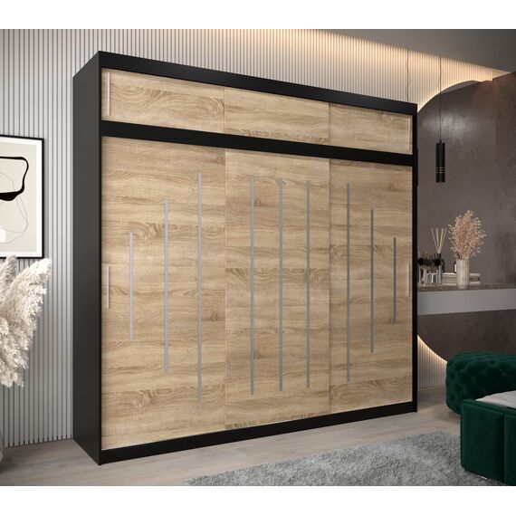 Kryspol Schwebetürenschrank York 250 cm Kleiderschrank mit Kleiderstange und Einlegeboden Schlafzimmer- Wohnzimmerschrank Schiebetüren Modern Design (Schwarz + Sonoma mit Erweiterung)