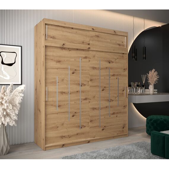 Kryspol Schwebetürenschrank York 200 cm Kleiderschrank mit Kleiderstange und Einlegeboden Schlafzimmer- Wohnzimmerschrank Schiebetüren Modern Design (Artisan Eiche mit Erweiterung)