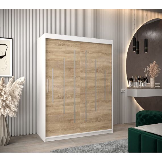 MEBLE KRYSPOL - Kleiderschrank, Schlafzimmerschrank - Schrank Zwei Türen - 4 Fachböden, 2 Stangen, Fachboden - Garderobenschrank York, Körperfarbe Weiß, Frontfarbe Sonoma - 150x62x200cm