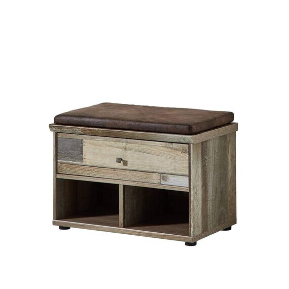 Bonanza Vintage Schuhbank mit Sitzfläche in Driftwood Optik - bequeme Retro Sitzbank mit Stauraum für Ihren Flur - 67 x 47 x 40 cm (B/H/T)