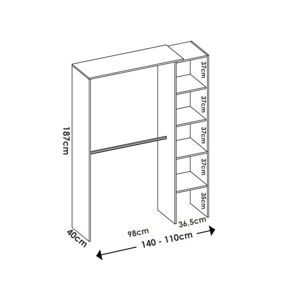 Dmora - Großer Kleiderschrank Makalu, Struktur für begehbaren Kleiderschrank, offener Kleiderbügel, 140 x 40 x 187 cm, Weiß