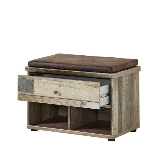 Bonanza Vintage Schuhbank mit Sitzfläche in Driftwood Optik - bequeme Retro Sitzbank mit Stauraum für Ihren Flur - 67 x 47 x 40 cm (B/H/T)
